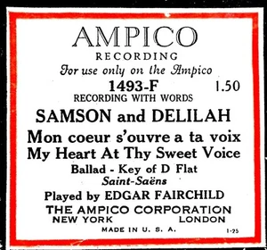 Rollo de piano reproductor Ampico SAMSON AND DELILAH My Heart At Thy Sweet Voice 1493-F - Imagen 1 de 1