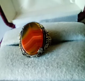 ARTS & CRAFTS BANDED AGATE UNCAS STERLING SILVER &14GF RING - Picture 1 of 7