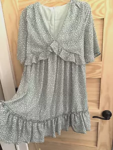 Light Dress Teal Green Bell Sleeve Sun Dress Leopard Print Ruffle V Neck Swing - Picture 1 of 15