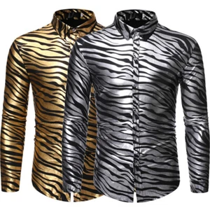 Men Metallic Shiny Zebra Print Shirt Blouse Tops Long Sleeve Showman Casual Slim - Picture 1 of 14