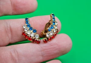 Vintage Red White & Blue Rhinestone Clip-On Earrings - Picture 1 of 4