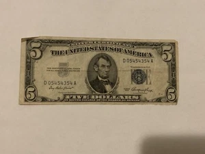 $5 Five Dollar Bill Federal Note 1953 D 05454354 A - Picture 1 of 9