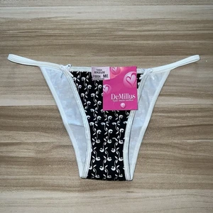 DEMILLUS M String Bikini Bottom Tanga Panties 90's Y2K VTG Black White Cotton - Picture 1 of 10