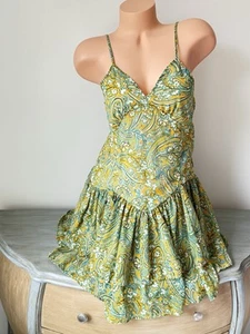 Japna Cami Sommerkleid Paisley S gelb Drop Waist Stufen Rüschen gefüttert - Bild 1 von 9
