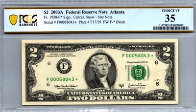 2003-A $2 Federal Reserve Note Atlanta (Star Note) PCGS 35 Choice VF Fr. 1938-F* - Image 1 of 3