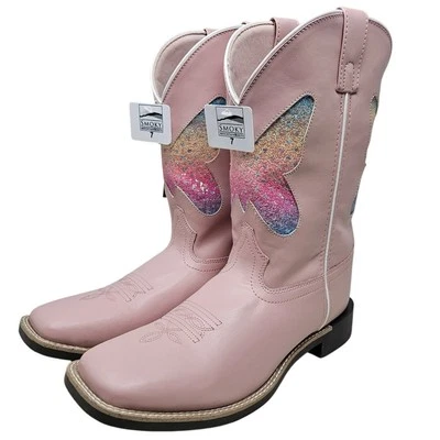 NEW Smoky Mountain 8 Pink Butterfly Glitter Leather Cowgirl Boot Western Glam - Image 1 of 4