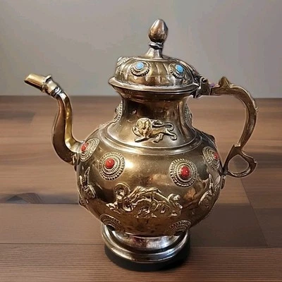 Antigua tetera de vino de león/dragón con incrustaciones de horno Ding de latón antiguo 11" RARA  Foto 1 de 4