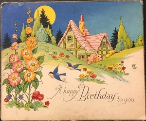 Vtg Birthday Greeting Card Adorable Cottage Garden Flowers Night Moon Bluebird - Picture 1 of 2