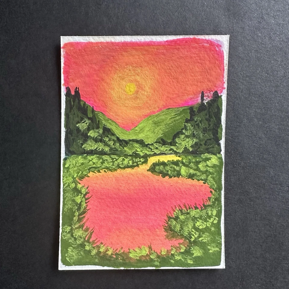 Tarjeta de arte ACEO original pintura gouache roja puesta de sol sobre lago Foto 1 de 1