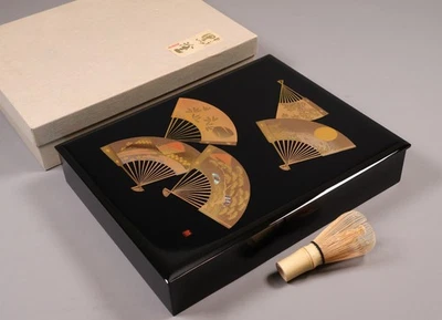 Japanese Aizu Lacquer Document Box 13.5inch Gold Fan Motif Calligraphy Tool - Image 1 of 4