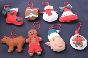 Christmas Felt Hanging Ornaments Set of 8 Snowman Santa Stocking Bread Bear Bell - Picture 1 of 9