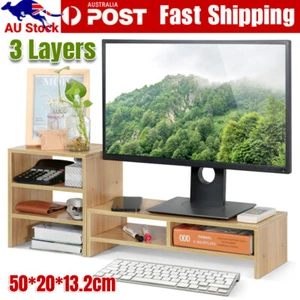 3 Layer Computer Laptop Monitor Riser Stand Desktop Wooden Storage Organizer AU - Picture 1 of 12