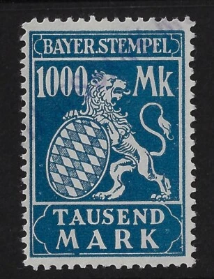 Bavaria 1920 revenue Erler #72a, 1000 Mk dark blue on white un-ribbed pa, (aa840 - Image 1 of 2