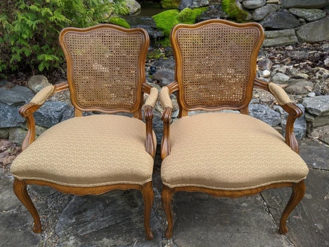 Pair Mid-Century NC Walnut Solid Wood Queen Anne-style Arm Chairs w/Cane Backs Cover