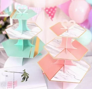 Set of 2 Hexagonal 3-Tier Cake Stands - Green & Pink Party Dessert Display - Picture 1 of 3