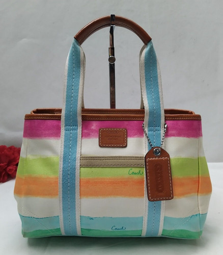 Borsa Coach Multicolore Tela Righe Doppio Manico Chiusura Cerniera Piccola Tote Bag