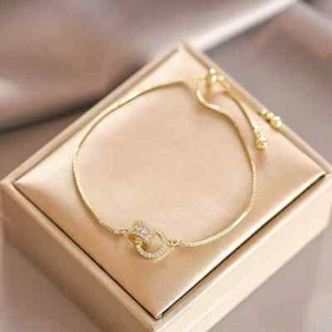 Trendy Circle Interlocked 14k Gold plated lariat bracelet simulated diamonds - Picture 1 of 5