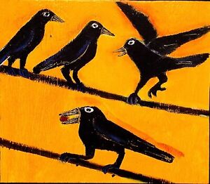 CROWS ON A WIRE Raw Folk Art Brut Painting  Outsider T Marie Nolan Original