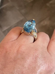 Gems en Vogue Sterling Silver & Gold Embraced Swiss Blue Topaz Pear Cut Ring - Picture 1 of 16