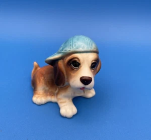 Vtg Glazed Ceramic Cocker Spaniel Puppy with Blue Ball Cap Figurine Made Japan - Picture 1 of 11