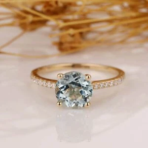 14k gold Finish Silver Aquamarine Moissanite Women Engagement Wedding Ring - Picture 1 of 2
