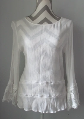 Blusa Top Calessa 4315 Bordada Mujer Talla S Encaje Blanco Manga Larga Pull On Foto 1 de 4