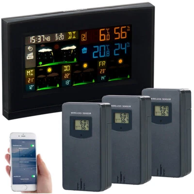infactory WLAN-Funk-Wetterstation mit 3 Außensensoren, Farbdisplay, Uhr und App - Bild 1 von 4