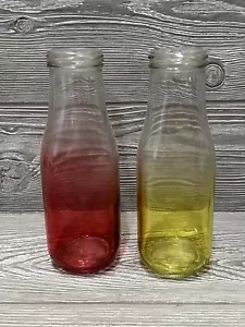 Tinted Glass Milk Bottle Vases, Set of 2 Red & Yellow 7.5” Farmhouse Decor - Picture 1 of 9