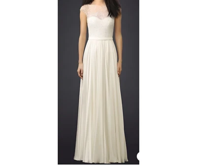 Reem Acra NY wedding dress 10 ivory silk illusion beaded crystals off shoulder - Image 1 of 4