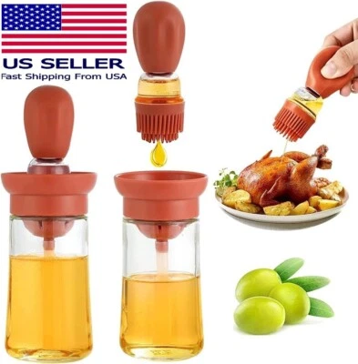2 in 1 Brown Oil Dispenser Bottle w/ Basting Brush & Dropper Cooking BBQ - Image 1 of 4