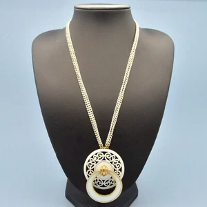 Vintage Necklace MONET 1960s White Enamel Pendant Two Strand Chains Jewellery - Picture 1 of 15