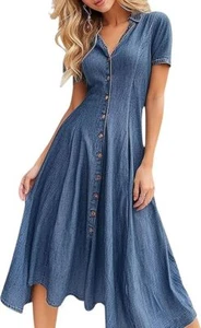 Women Summer Short Sleeve Denim Midi Dress V Neck Flare Jean Dress Button Down - Picture 1 of 6
