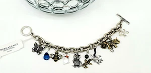American Eagle Silver Womens Charm Bracelet w Butterfly Bee Scottie Elephant NWT - Picture 1 of 9