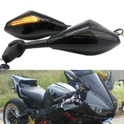 LED Turn Signals Gloss Black Motorbike Rearview Mirrors For Yamaha YZF600 YZR R6 - Image 1 of 4