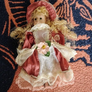 VTG Full Body Bisque Doll Porcelain String Jointed 6.5" Satin Dress Blonde Hair - Picture 1 of 5