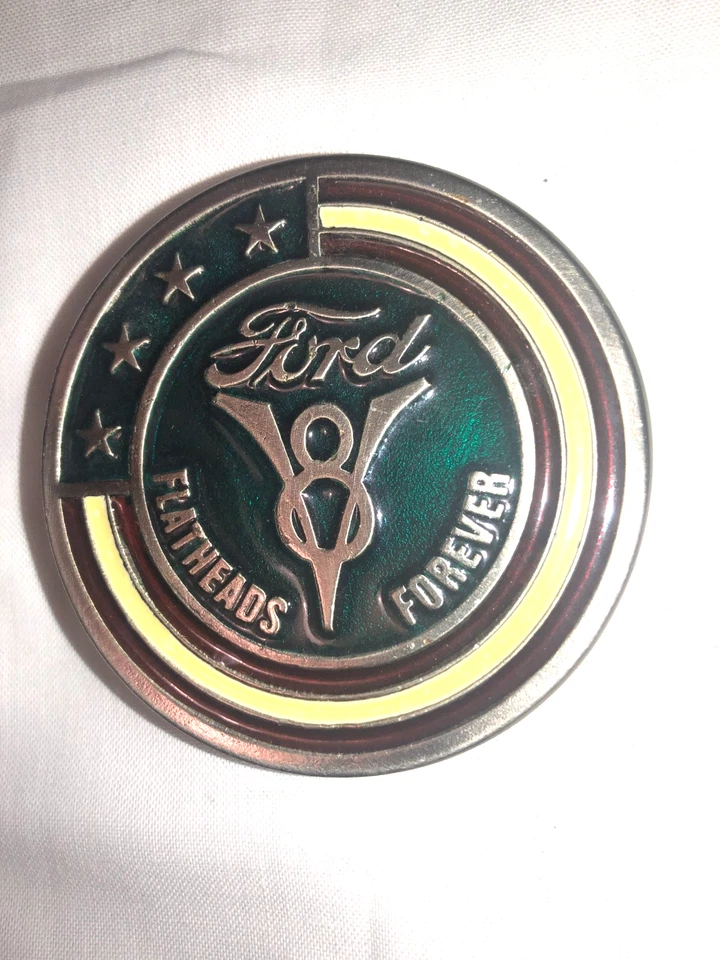 Vintage FORD Flatheads Forever Belt Buckle USA Flag V8 Logo Heavy Metal 2.5" - Image 1 of 4