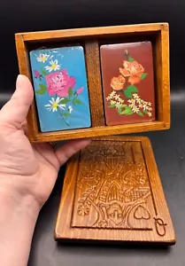 Vintage Wooden King & Queen Playing Card Storage Box With 2 Decks of Cards - Picture 1 of 22