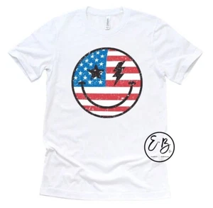 Retro American Flag Smiley Patriotic T-Shirt 4th of July USA Shirts Womens Tops - Picture 1 of 4
