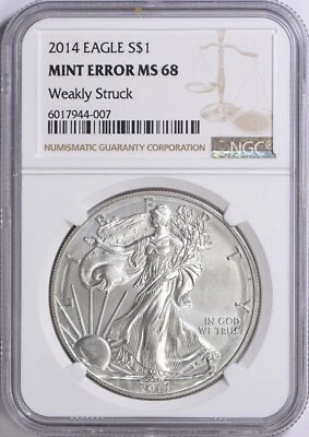 MINT ERROR 2014 SILVER EAGLE WEAKLY STRUCK NGC MS68 - Image 1 of 2