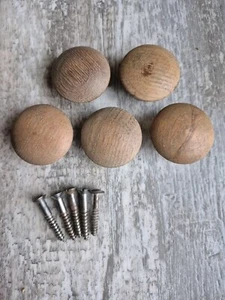Vtg Antique Round Wood Drawer Cabinet Knobs Pulls 1 3/4" Lot of 5 W Screws - Picture 1 of 4