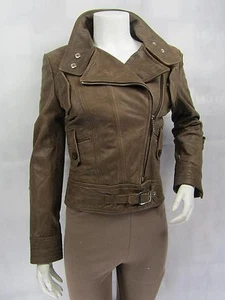 Ladies Brown Old Look Napa Leather Slim Tight Fitted Short Biker Jacket Bike - Picture 1 of 10