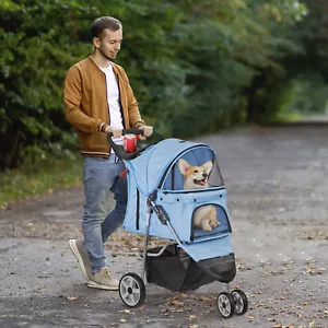 Pet Stroller Travel 3 Wheels Foldable Carrier Cart W/ Cup Holder For Dogs Blue - Picture 1 of 24