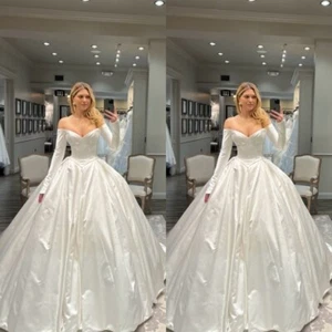 Sexy Wedding Dresses Long Sleeves Deep V-Neck Elegant Satin A-Line Bridal Gowns - Picture 1 of 9