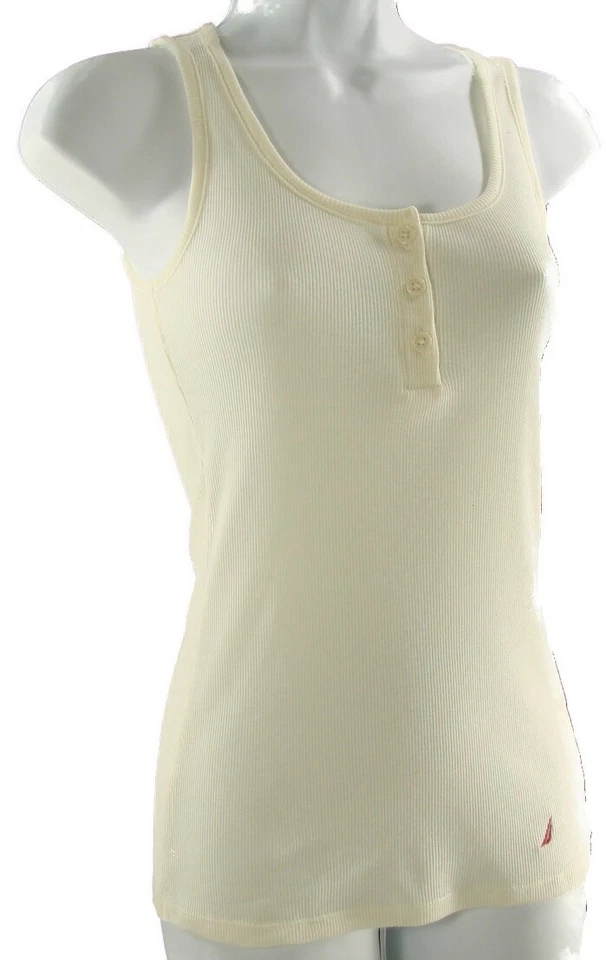 Nautica Pajama Sleep Shirt Cotton Blend Ribbed Knit Henley Tank Top, Ivory - Image 1 of 1