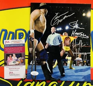 Foto brillante autografiada triple 8x10 JSA de Hulk Hogan, Stan Hansen y Earl Hebner - Imagen 1 de 6