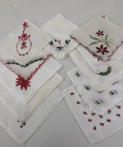 LOT OF 11 VINTAGE HANKIES BEAUTIFUL CHRISTMAS or HOLIDAY DESIGNS ON WHITE - Picture 1 of 3