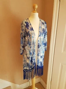Dorothy Perkins Beach Pool Top Kimono Kaftan Floral/Fringed Hem Coverup Size S - Picture 1 of 11