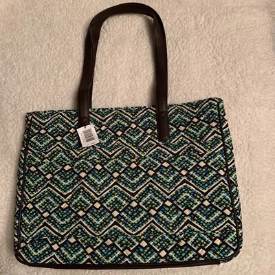$98  Vera Bradley trimmed tote Rainforest blue green New Faux Leather zip-top - Image 1 of 4