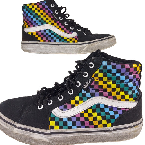 Scarpe sneakers Vans Sk8 Hi nere a scacchiera arcobaleno Missy Youth taglia 3 stringate