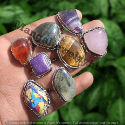 Lote de 5 anillos étnicos de ámbar báltico y mezcla de piedras preciosas enchapados en plata 925 joyas a granel Foto 1 de 4